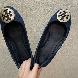 Tory Burch Ballet Flats Denim Quilted Canvas